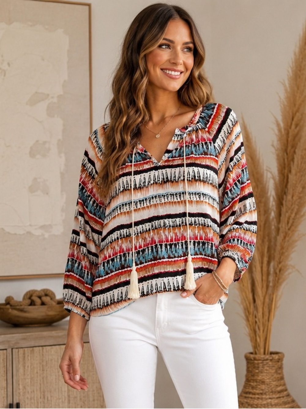 Boho Aztec Stripe Tassel Peasant Tunic Top Festival Coastal Cowgirl